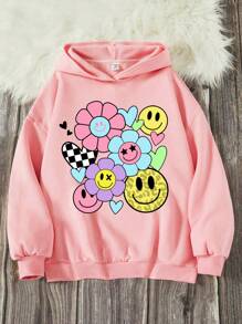 SHEIN Leap Crew Sudadera con capucha de ajuste holgado de manga larga gruesa, informal, con estampados de sonrisa, leopardo, corazón, floral y otoño en color rosa, adecuada para otoño/invierno para niña preadolescente