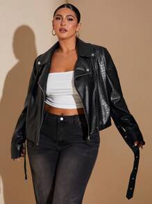 SHEIN BAE Plus Size Black Stone Faux Leather Pu Moto Jacket - Black - View 3