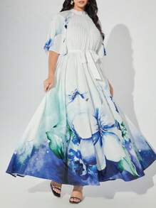 Modelyn فستان سهرة طويل بنقشة زهور مطبوعة، بسيط للاستعمال اليومي، مزين بحزام عربي - متعدد الألوان - مشاهدة 4