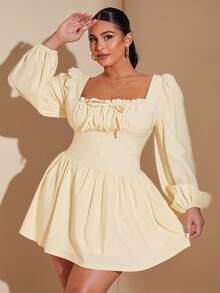 SHEIN BAE 大码女装辣妹甜美女孩长袖弹力编织后盖纯色甜美吊带夏日度假时尚街头约会短裙 - 黃色 - 查看 2