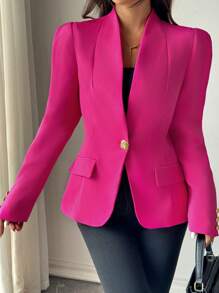 SHEIN Clasi 實心單釦長袖西裝外套 - 玫紅色 - 查看 6
