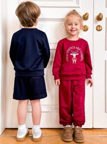 PrepCrw Young Girls' Red Deer Print Knit Loose Crew Neck Long Sleeve Pullover Sweatshirt, Back To School Season, Autumn/Winter