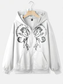 SHEIN CURVE+ Plus Size Women's Slogan & Figure Graphic Drop Shoulder Zip Up Sweatshirt - White - View 1