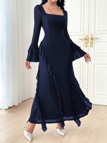 Modelyn Women Square Neck Long Sleeve Pleated Ruffle Hem Long Dress Long Evening Dresses - Navy Blue - View 6