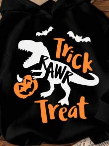 SHEIN Trang phục Halloween, Khủng long, Dơi, Nhện, Bí ngô, Boo Yeah! Áo nỉ dài tay dệt kim dày thoải mái hàng ngày đơn giản cho bé trai, phù hợp cho mùa thu và mùa đông - màu đen - Xem 3