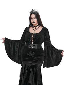 Flirla Goth Punk Plus Size Women Dark Punk Gothic Floral Lace Trim Tied Flare Sleeve Sexy Retro Vintage Corset Style T-Shirt, Halloween - Black - View 8