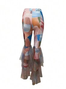 歐美女性時尚修身性感荷葉邊網紗拼接印花長褲 - 淺粉色 - 查看 2