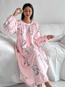 DAZY Cute Dog Pattern Flannel Ruched Design Loose Nightgown