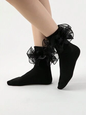 Women's Contrast Mesh Ruffle Trim Mid-Calf Socks