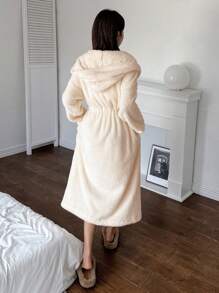 DAZY Minimalist Hooded Flannel Thick Belted Bathrobe Fluffy, Thermal Lined Fall, Winter, Cozy - Beige - View 2