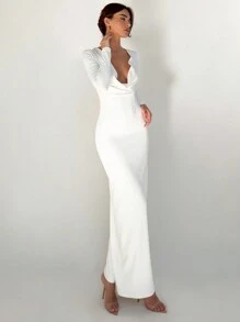 Aloruh Elegant Backless Halter Maxi Bodycon White Formal Dress For Women - White - View 3