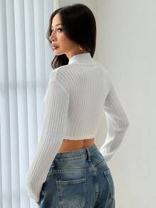 Flirla Áo len bó màu trơn dài tay viền bất đối xứng cho nữ, mùa thu/đông - trắng - Xem 2