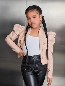 SHEIN Tween Girls Loose Fit School Uniform Style Stand Collar Raglan Sleeve Jacket,In Fall/Winter - Khaki - View 1