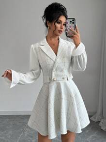 Chiquease Autumn Elegant Tweed Patchwork Sleeve Short Dress - White - View 1