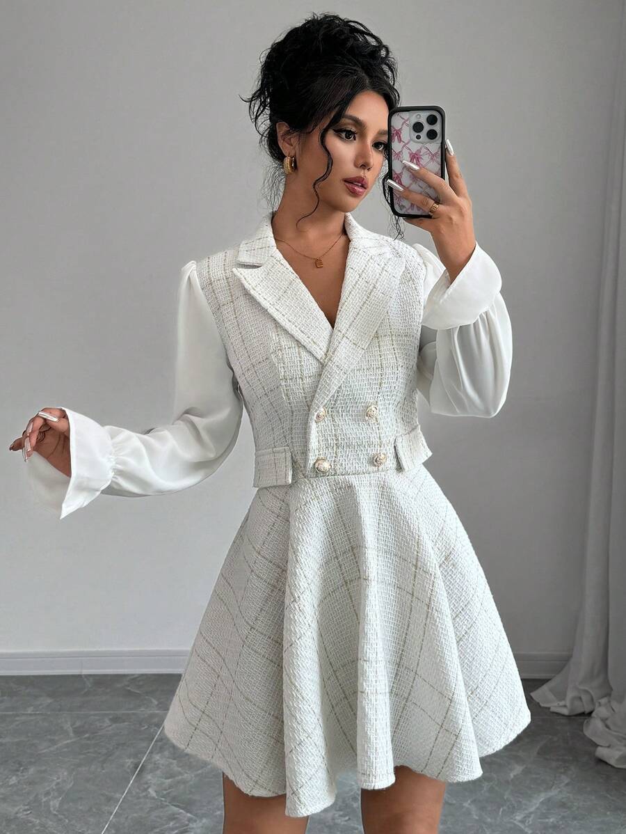 Chiquease Autumn Elegant Tweed Patchwork Sleeve Short Dress - White - View 1
