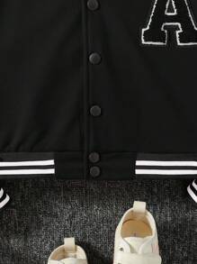 Sparklyn Tween Girl Pink Letter Patchwork PU Leather Long Sleeve Casual Baseball Jacket - Black - View 6