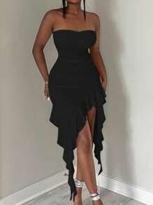 SHEIN SXY 女士简约纯色日常穿着筒状荷叶边下摆连衣裙适合约会之夜、生日、单身派对装、休闲、购物、外出、度假、海滩，