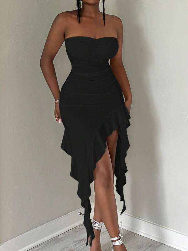 SHEIN SXY Prom Dress;Summer;Women's Simple Solid Color Daily Wear Tube Ruffle Hem Dress Suitable For Date Night, Birthday, Bachelorette Party Outfit, Casual, Shopping, Going Out, Vacation, Beach,