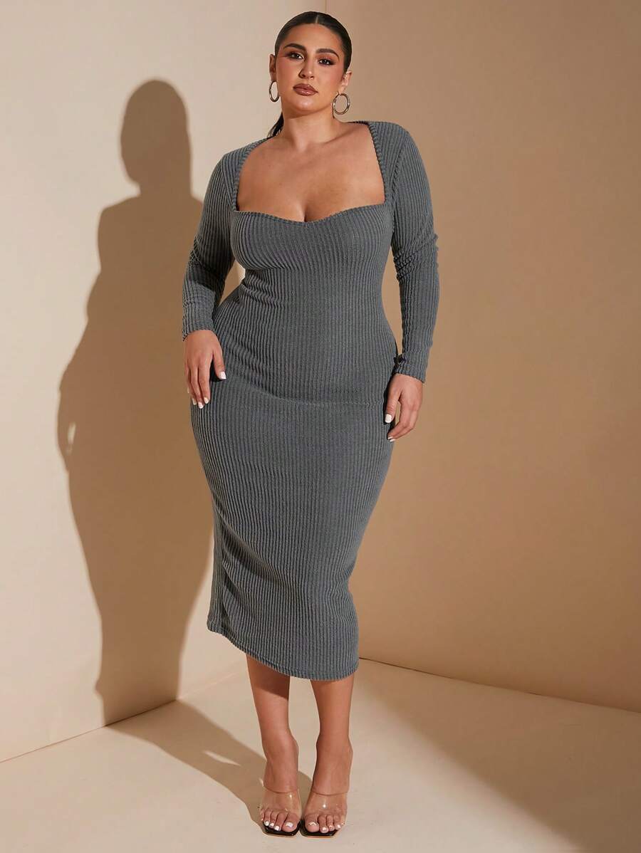 SHEIN BAE 加大码方领长袖时尚修身优雅纯色休闲连衣裙灰色针织罗纹弹力紧身中长连衣裙秋季连衣裙 - 灰色 - 查看 1