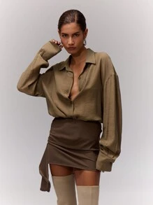 MUSERA Oversized Collared Button Up Blouse Vacation Spring Summer Holiday - Olive Green - View 3