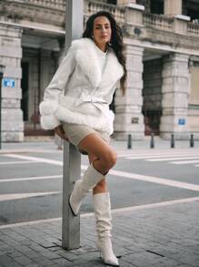 SHEIN x Carly Lawrence Anewsta Áo khoác lông cáo nữ thu/đông, dáng vừa vặn, đơn giản và thời trang cho trang phục dự tiệc ngày lễ - trắng - Xem 4