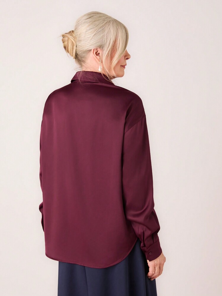 SHEIN LUNE Fall Women's Burgundy Long Sleeve Casual Office Shirt - Burgundy - View 5