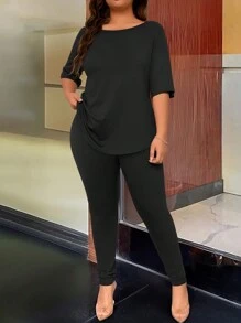 Maweii Conjunto de dos piezas de top de manga corta con cuello redondo estampado y espalda abierta, talla grande talla, con pantalones - Negro - Ver 4