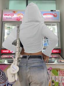 SHEIN EZwear 休闲简约白色女士拉链连帽运动衫，秋冬，长袖上衣 - 白色 - 查看 2