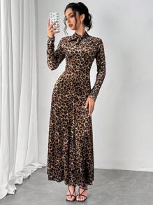 Elenzga Vestido largo con estampado de leopardo para mujer, outfit de mujer maximalista de otoño - Multicolor - Ver 1