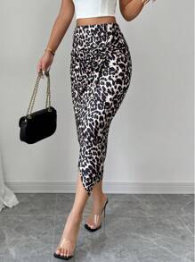 Chiquease Women's Fitted Elegant Pleated Slit Bodycon Leopard Print Pencil Skirt