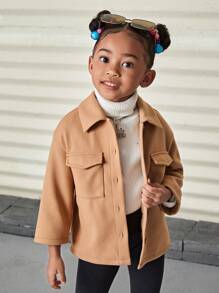 SHEIN Mantel Wol Polos Kasual Longgar untuk Anak Perempuan dengan Kerah Lipat - Khaki - View 2