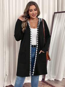 SHEIN VCAY Veste à capuche en patchwork à motif pied-de-poule, style casual, grande taille, automne - Noir et Blanc - Voir 3