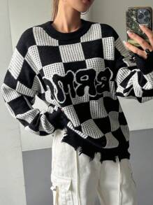 DAZY Suéter casual de mujer con bloqueo de color, estampado de letra de pata de gallo y efecto desgastado, a cuadros de otoño - Negro - Ver 4