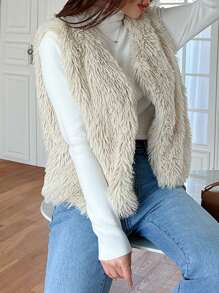 DAZY Women's Casual Everyday Warm Fuzzy Front Open Waistcoat Jacket, Autumn Winter,Fleece Lined Vest