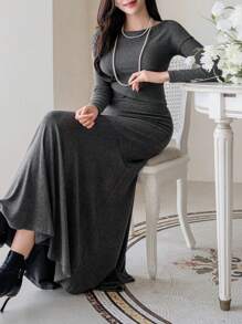 DAZY 2 Stücke Damen Set aus einfarbigem Pullover mit Rundhalsausschnitt und langem plissiertem Rock, für Herbst/Winter, Rüschen