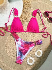 Summer 1 Piece Solid Color Thick Strap Top And Random Print Bikini Bottoms Bikini Set - Pink - View 1