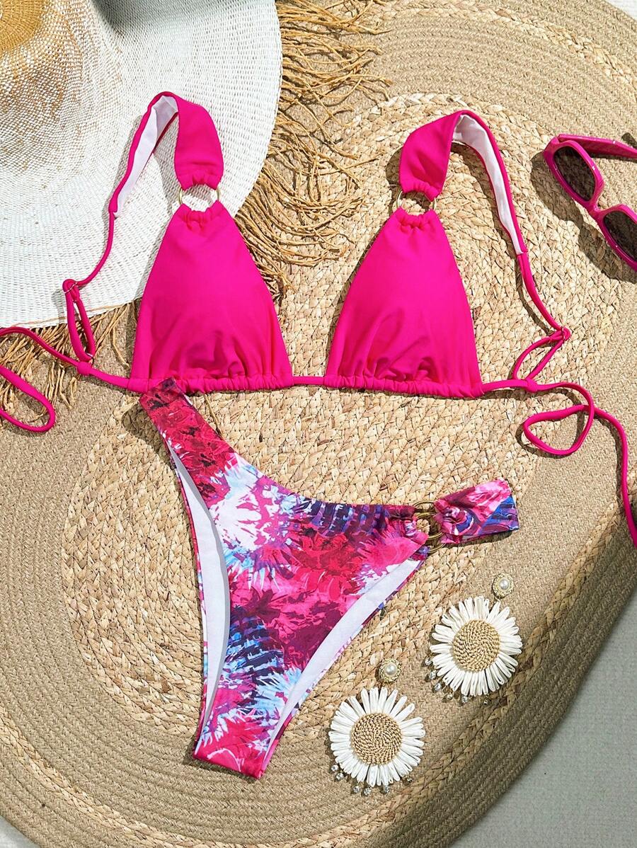 Summer 1 Piece Solid Color Thick Strap Top And Random Print Bikini Bottoms Bikini Set - Pink - View 1