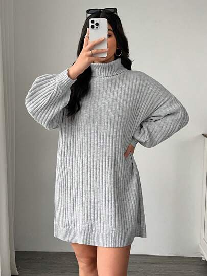 SHEIN EZwear Plus Size Loose Turtleneck Lantern Sleeve Chunky Knit Sweater Dress, Fall/Winter Autumn