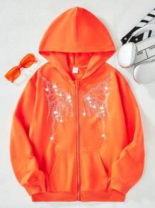 SHEIN Tween Girl Rhinestone Butterfly Graphic Pocket Sweatshirt - Orange - View 1