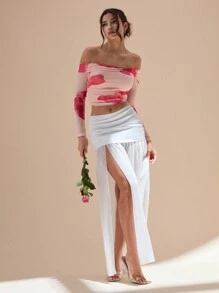 Glamine 1 件女式露肩网眼抽象线条印花优雅百搭褶皱腰休闲 T 恤，春季/秋季 - 彩色 - 查看 4