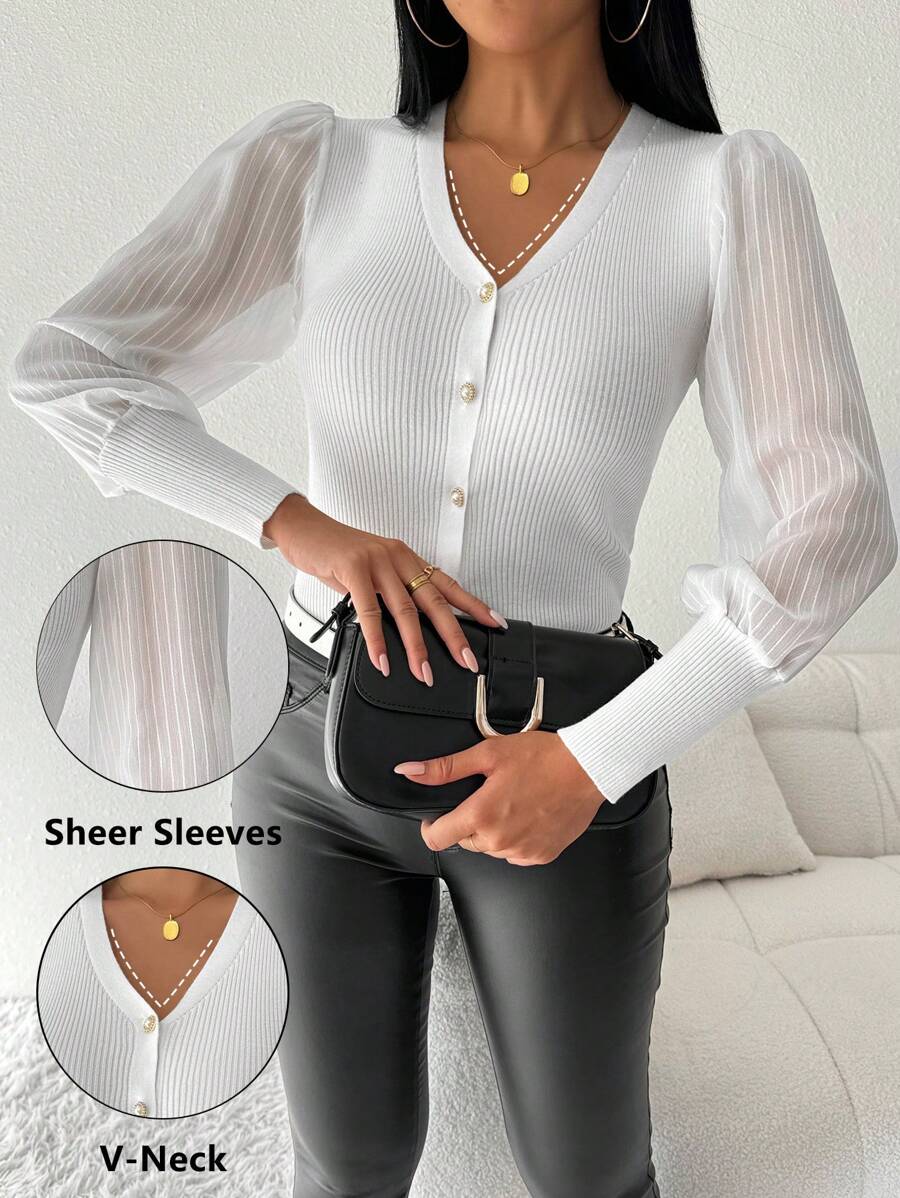 Chiquease Áo len cardigan dệt kim màu trơn cổ chữ V cài nút phía trước - Màu be - Xem 1