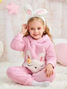 2pcs Young Girls Simple Pink Plush Cute Rabbit Pattern Hooded Long Sleeve Top And Pants Sleepwear Set - Baby Pink - View 3