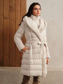 Anewsta Thick Fur Collar Mid-Length Versatile Women Jacket - Beige - View 3