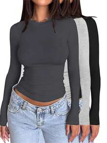 INAWLY Solva Women's Solid Color Crew Neck Long Sleeve Casual T-Shirt, Spring Summer