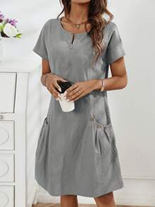 EMERY ROSE Women's Casual Zip Collar Grey Dress, Summer