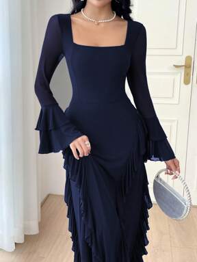 Modelyn Women Square Neck Long Sleeve Pleated Ruffle Hem Long Dress Long Evening Dresses