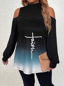 Calvaya 大码女式春夏字母印花露肩长袖宽松休闲 T 恤 - 黑色 - 查看 4