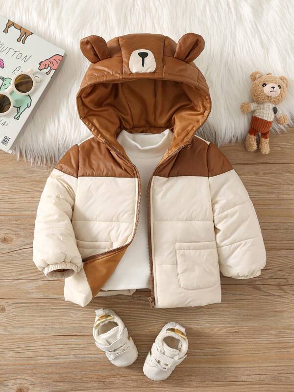 SHEIN Abrigo con capucha de diseño de dibujos animados por parches lindo para niños bebés, otoño/invierno
