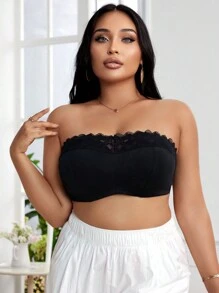 SHEIN Sutien de mărime Plus și sutien fără fir, minimalist și romantic, patchwork din dantelă, fără bretele, confortabil, anti-alunecare - Negru - Vizualizare 5