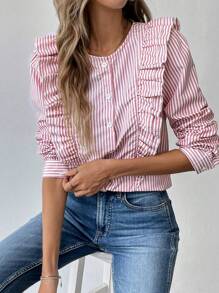 SHEIN ChicEase Áo sơ mi sọc hoa xếp nếp tay dài cài nút phía trước dành cho nữ, mặc thường ngày - Hồng - Xem 4